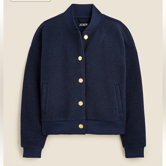 J. Crew Boucle Teddy Fleece Bomber Jacket in Navy Blue Gold Buttons size XS - Picture 3 of 16